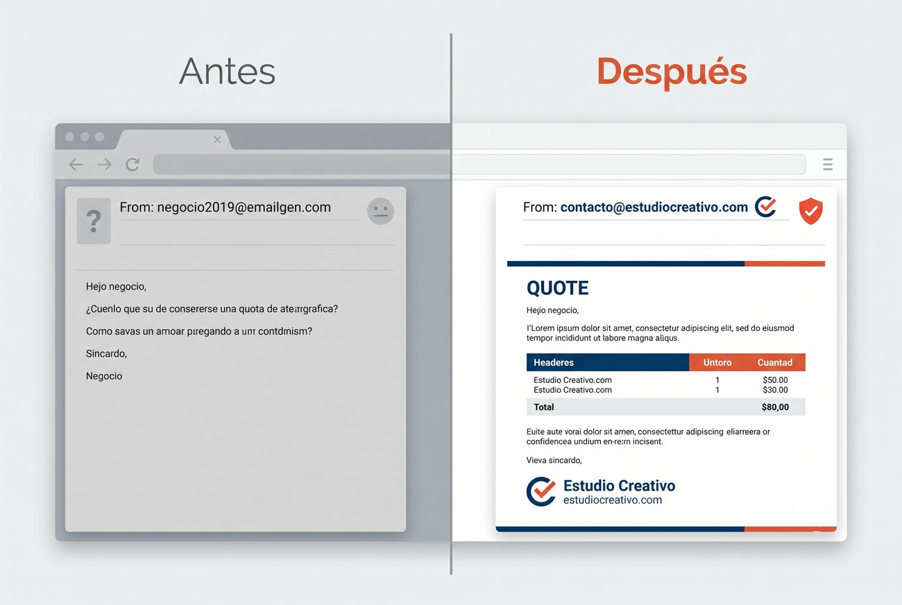 Comparación de un correo enviado desde una dirección genérica vs. desde un correo profesional con dominio propio